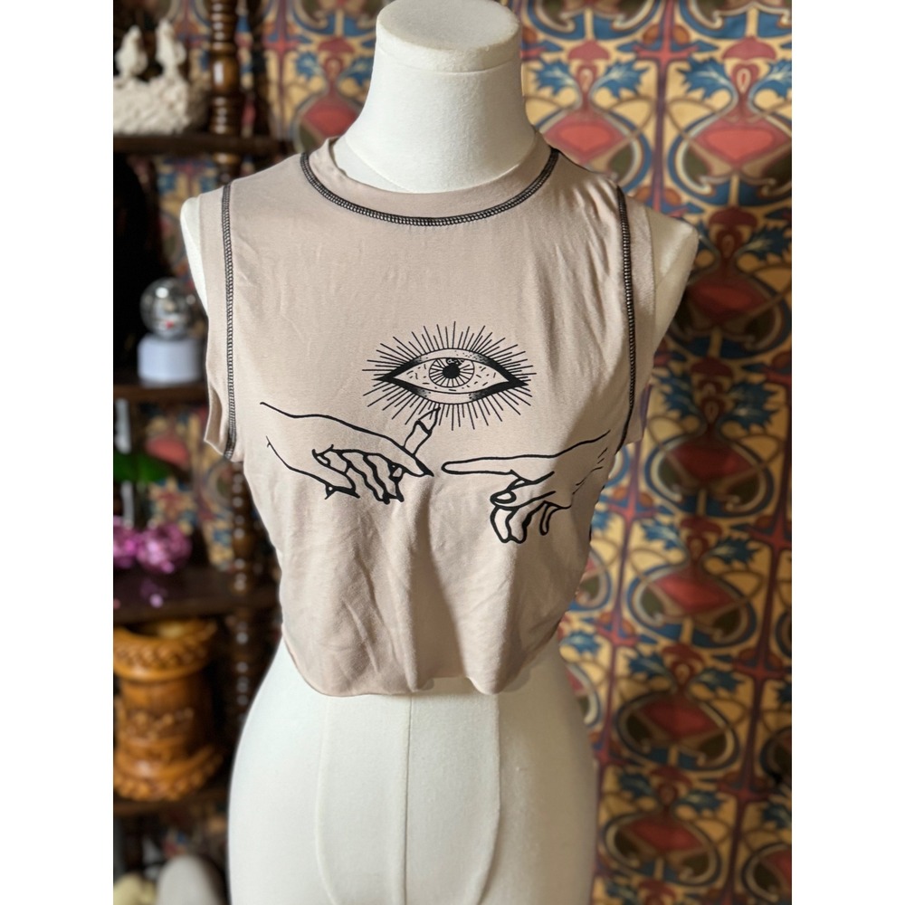 SHEIN Beige Crop Top Sleeveless Graphic Print Hands Eye Medium